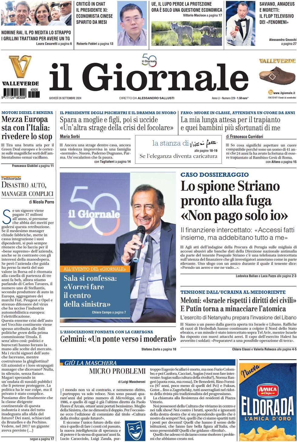 anteprima della prima pagina di il-giornale del 26/09/2024