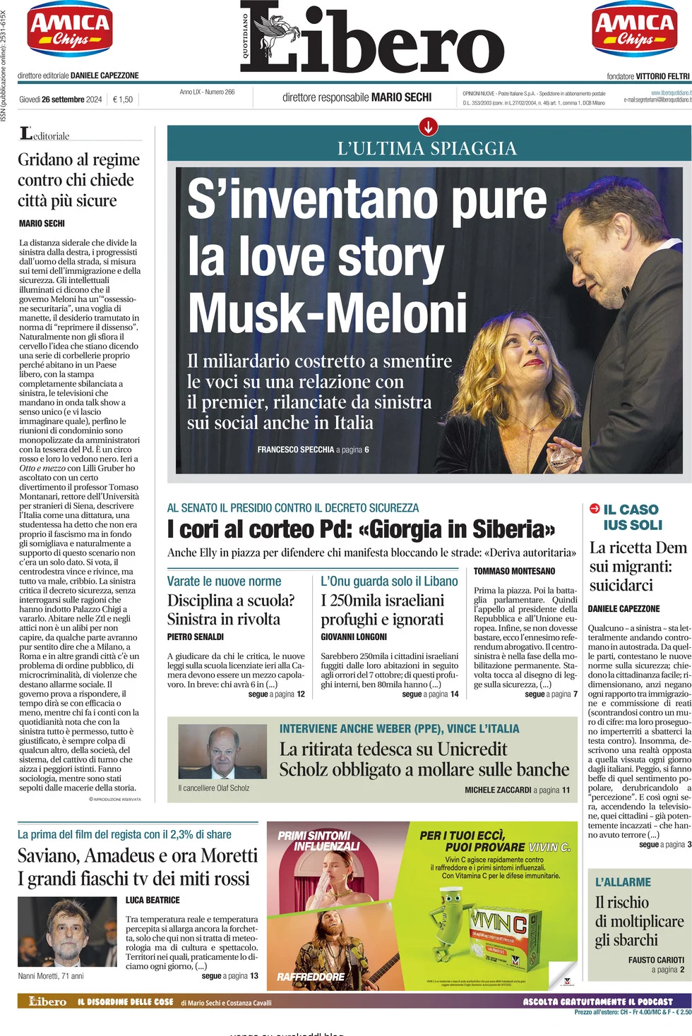 anteprima della prima pagina di libero-quotidiano del 26/09/2024