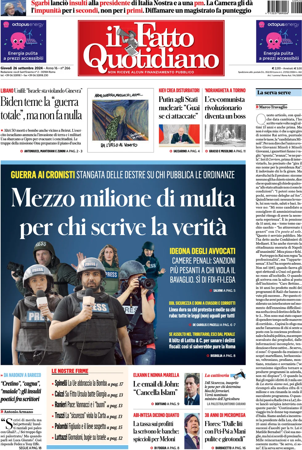 anteprima della prima pagina di il-fatto-quotidiano del 26/09/2024