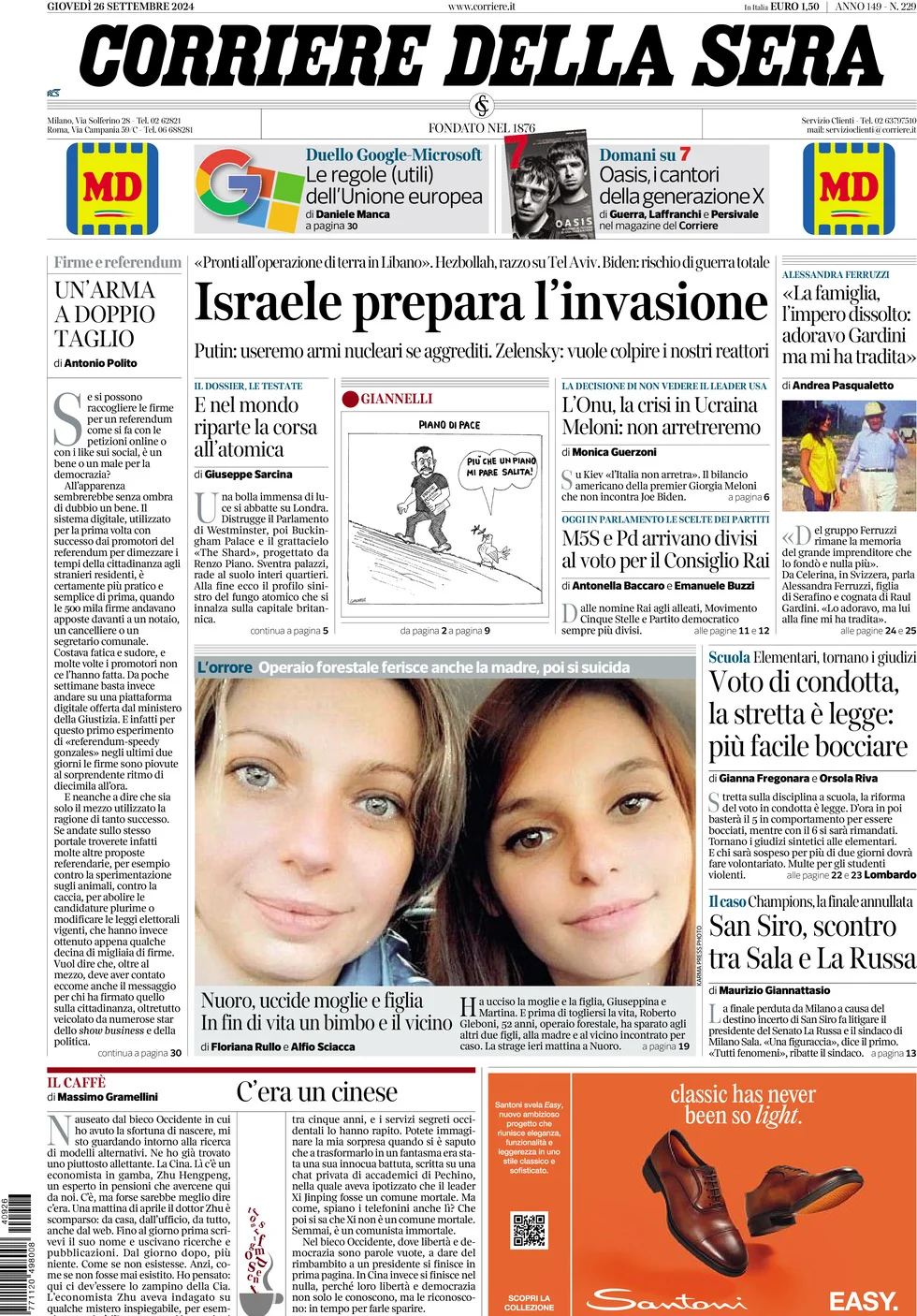 anteprima della prima pagina di corriere-della-sera del 26/09/2024