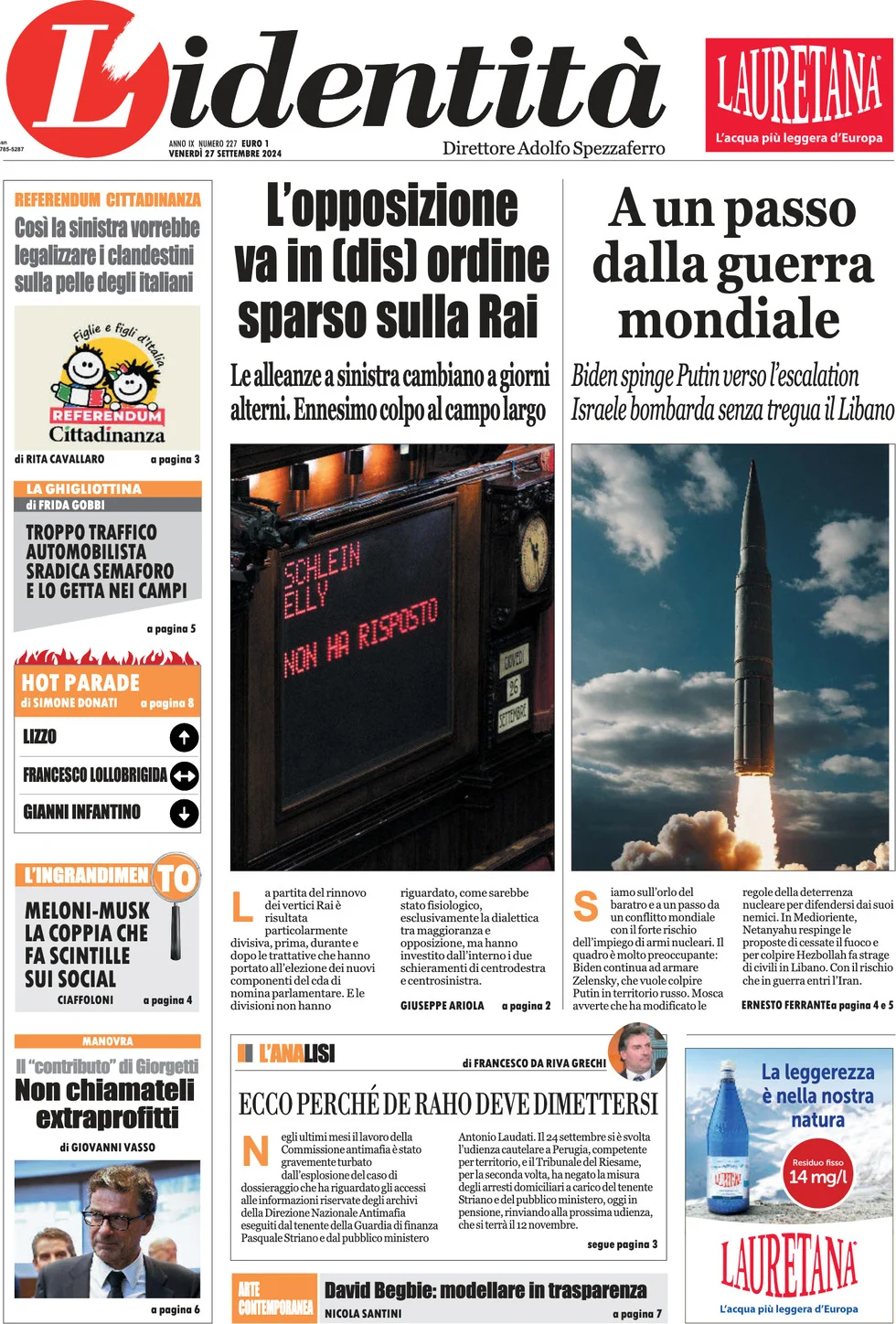 anteprima della prima pagina di lidentit del 26/09/2024