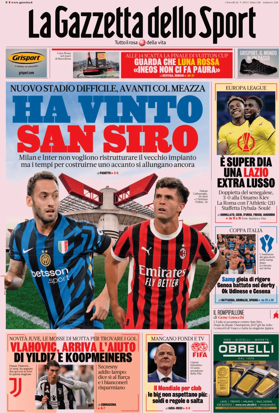 anteprima della prima pagina di la-gazzetta-dello-sport del 26/09/2024