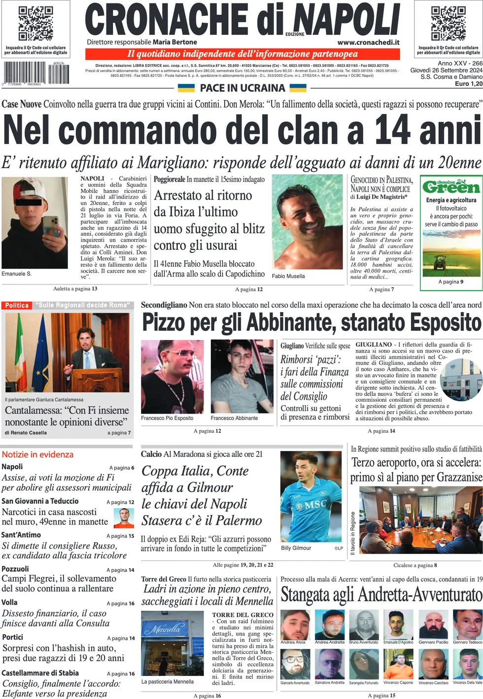 anteprima della prima pagina di cronache-di-napoli del 26/09/2024