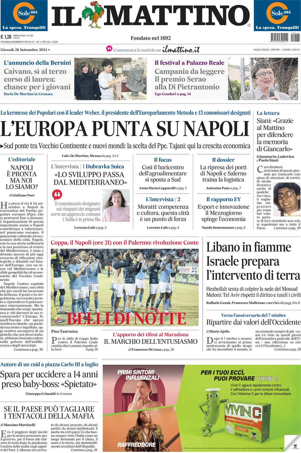 anteprima della prima pagina di il-mattino del 26/09/2024