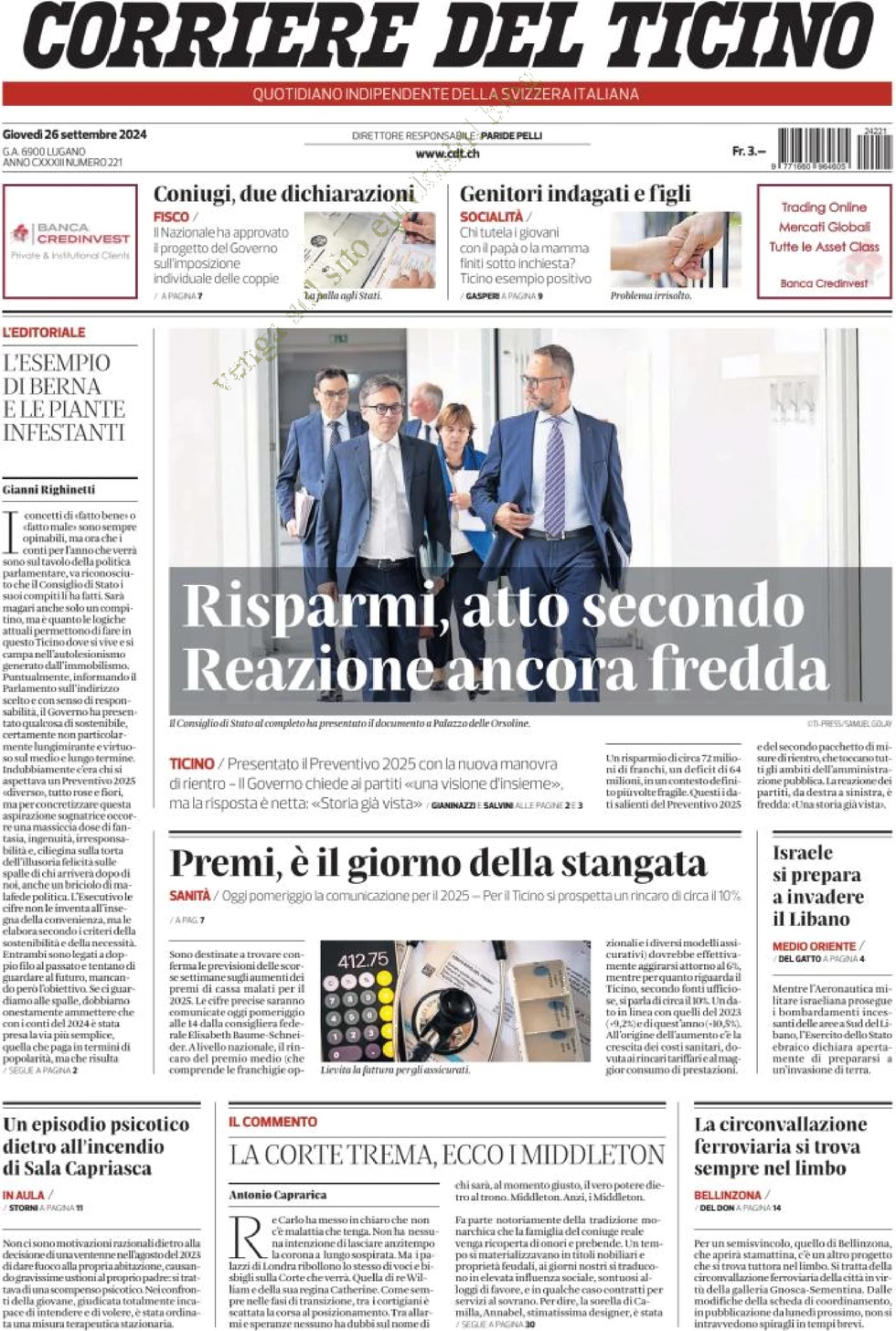 anteprima della prima pagina di corriere-del-ticino del 26/09/2024