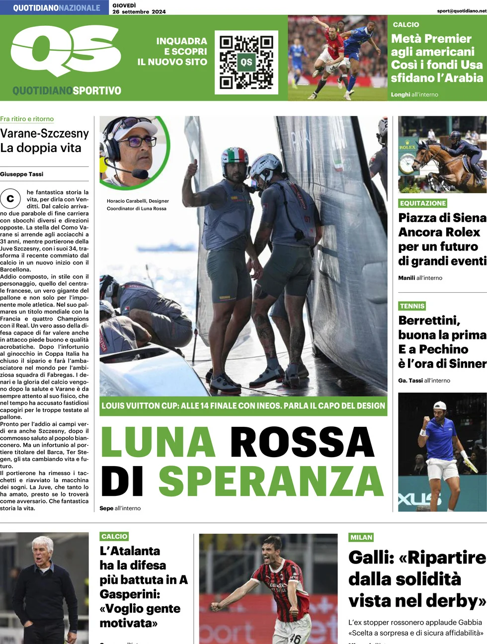 anteprima della prima pagina di qs-quotidiano-sportivo del 26/09/2024