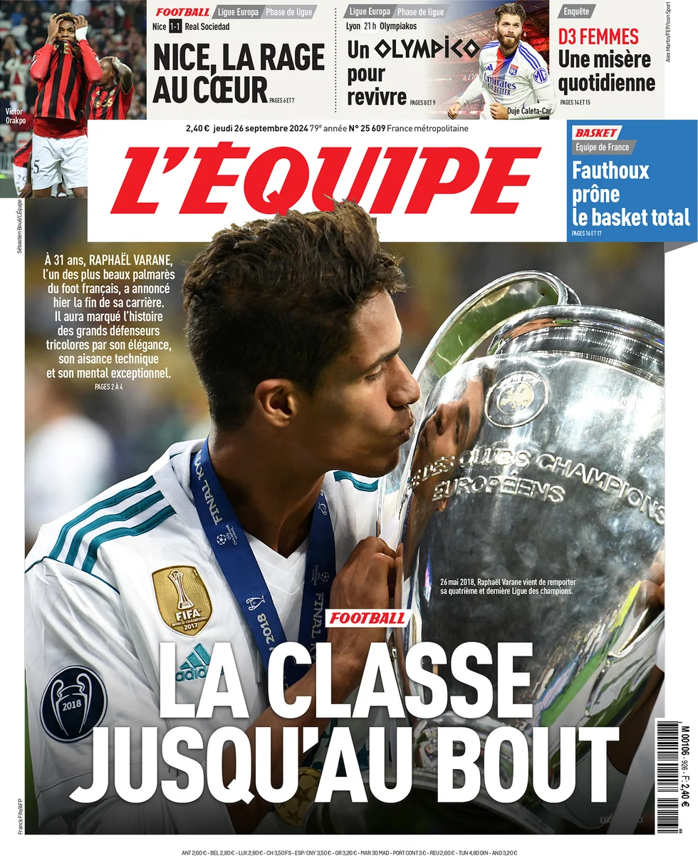 anteprima della prima pagina di lequipe del 26/09/2024
