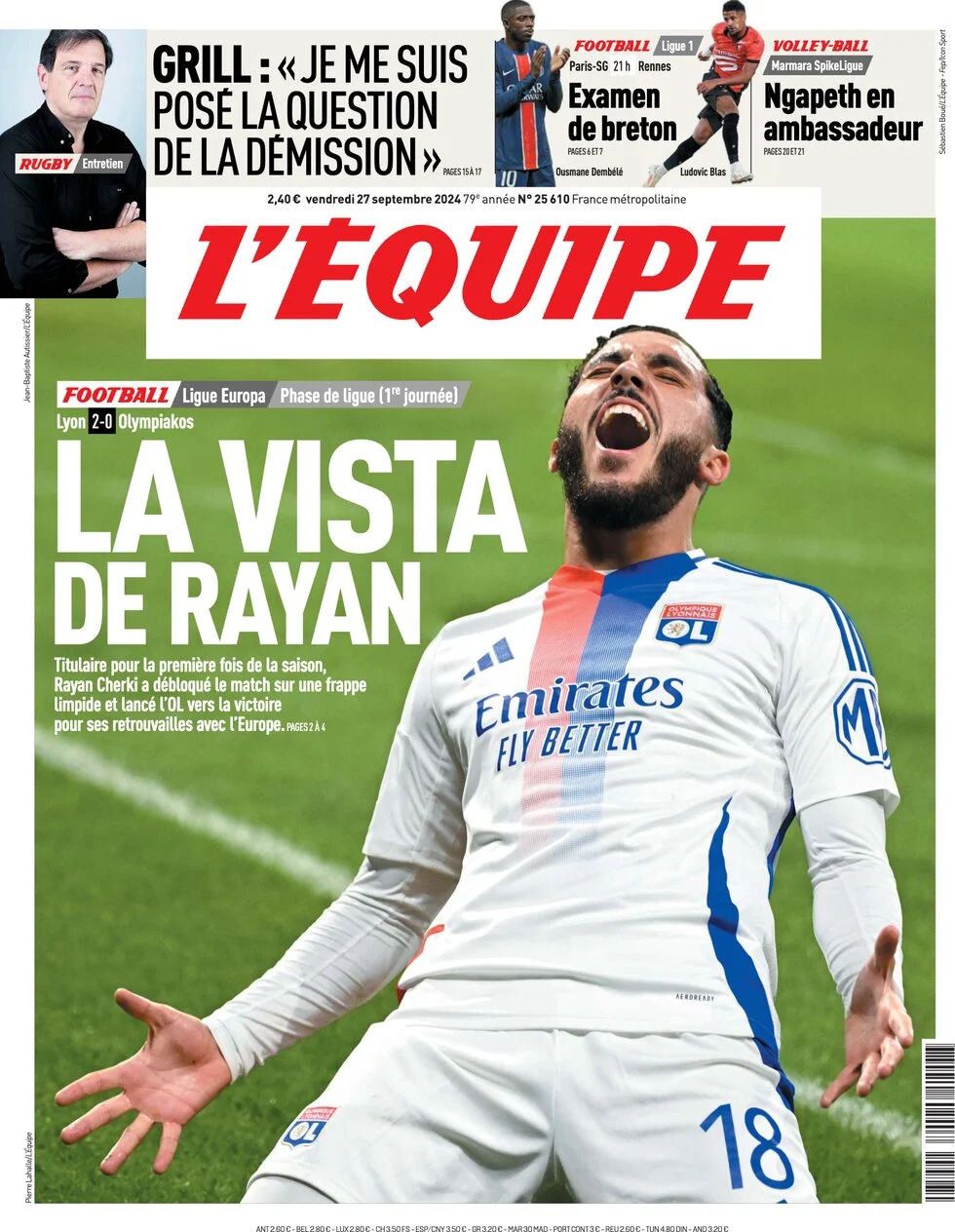 anteprima della prima pagina di lequipe del 27/09/2024