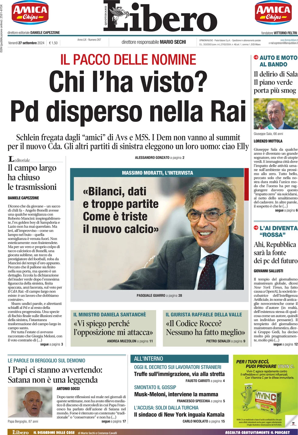 anteprima della prima pagina di libero-quotidiano del 27/09/2024