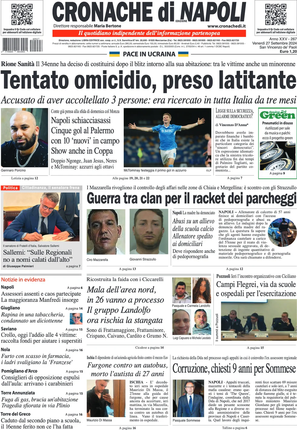 anteprima della prima pagina di cronache-di-napoli del 27/09/2024