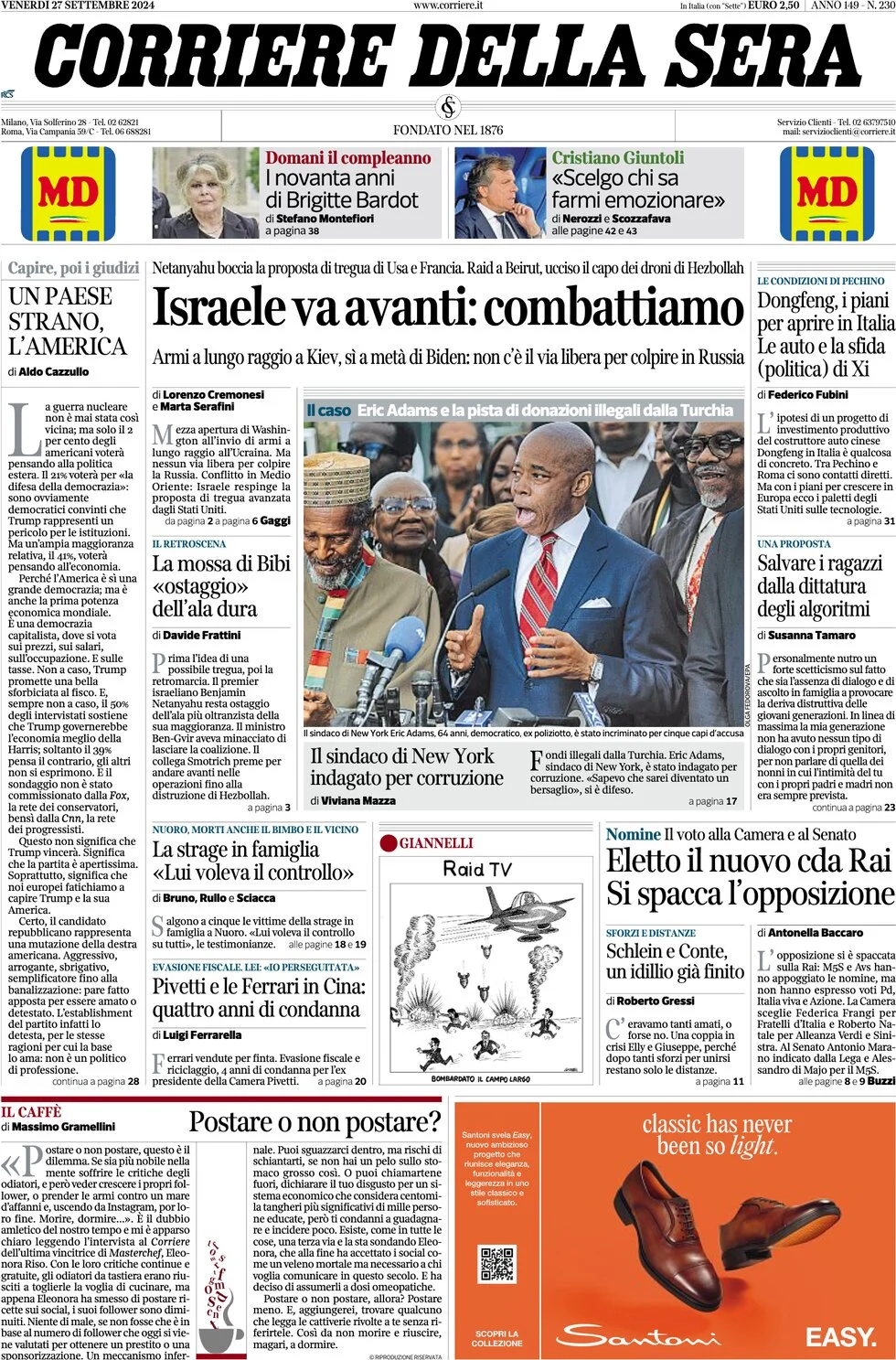 anteprima della prima pagina di corriere-della-sera del 27/09/2024