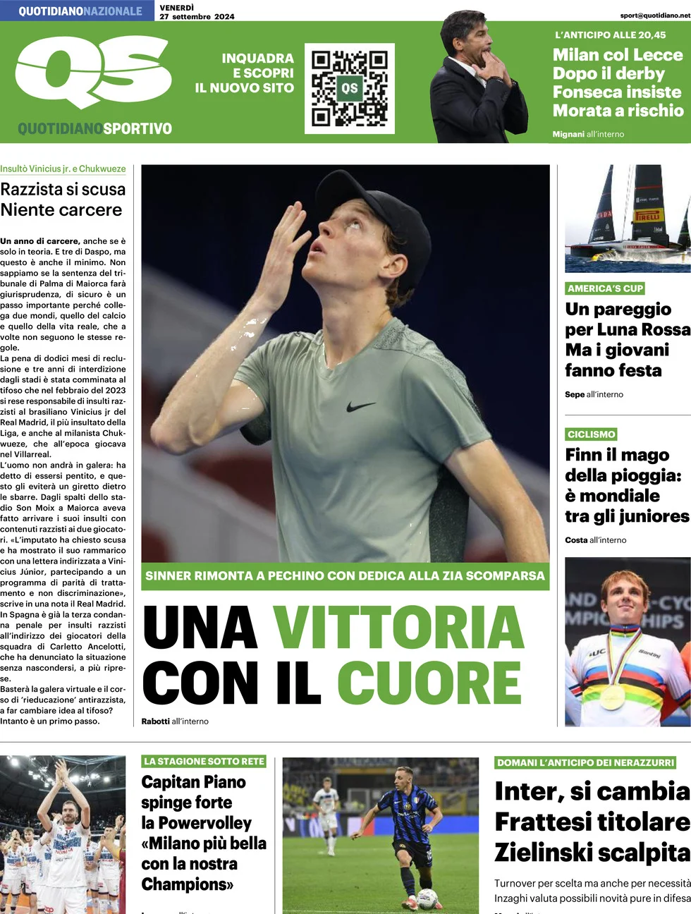 anteprima della prima pagina di qs-quotidiano-sportivo del 27/09/2024