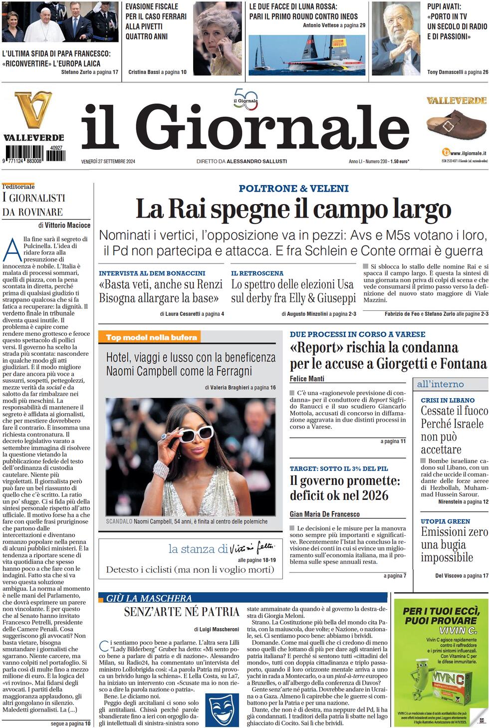 anteprima della prima pagina di il-giornale del 27/09/2024