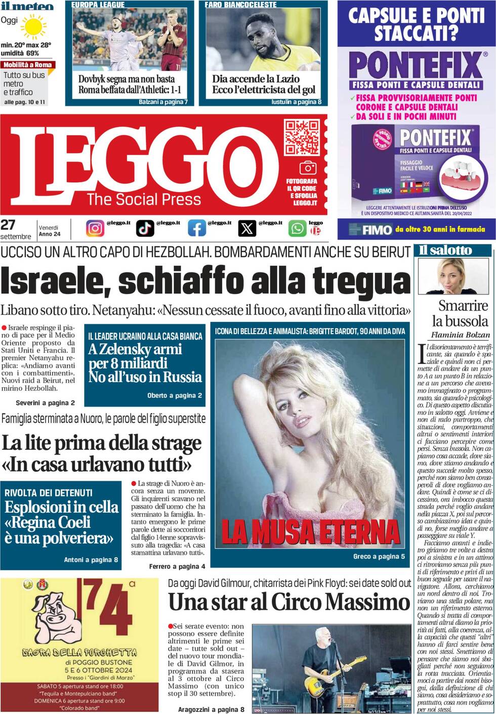 anteprima della prima pagina di leggo-roma del 27/09/2024