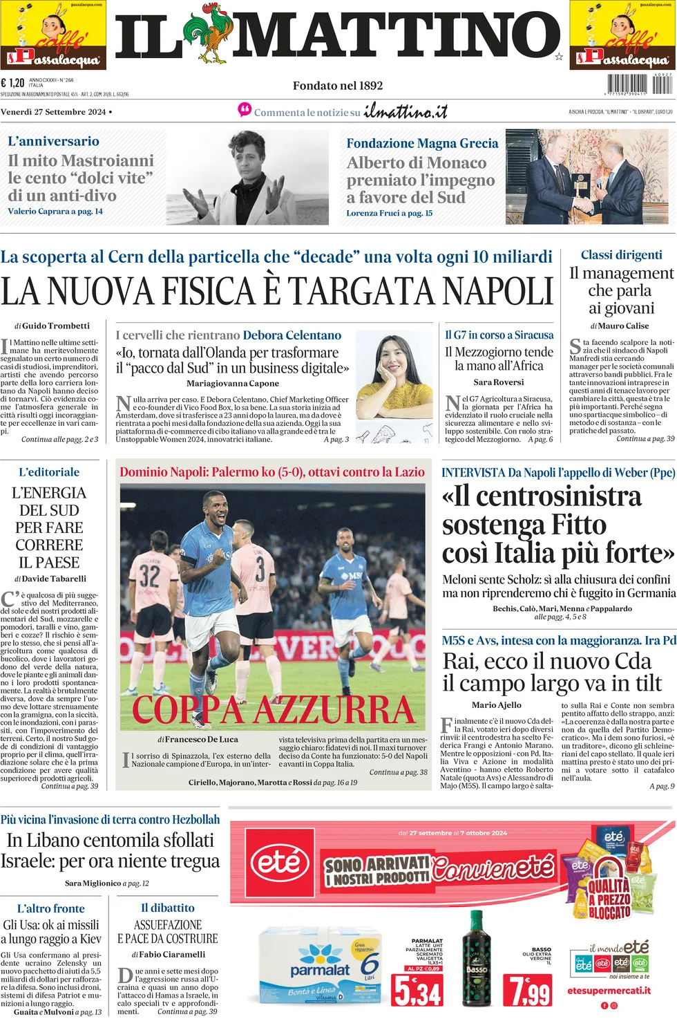 anteprima della prima pagina di il-mattino del 27/09/2024