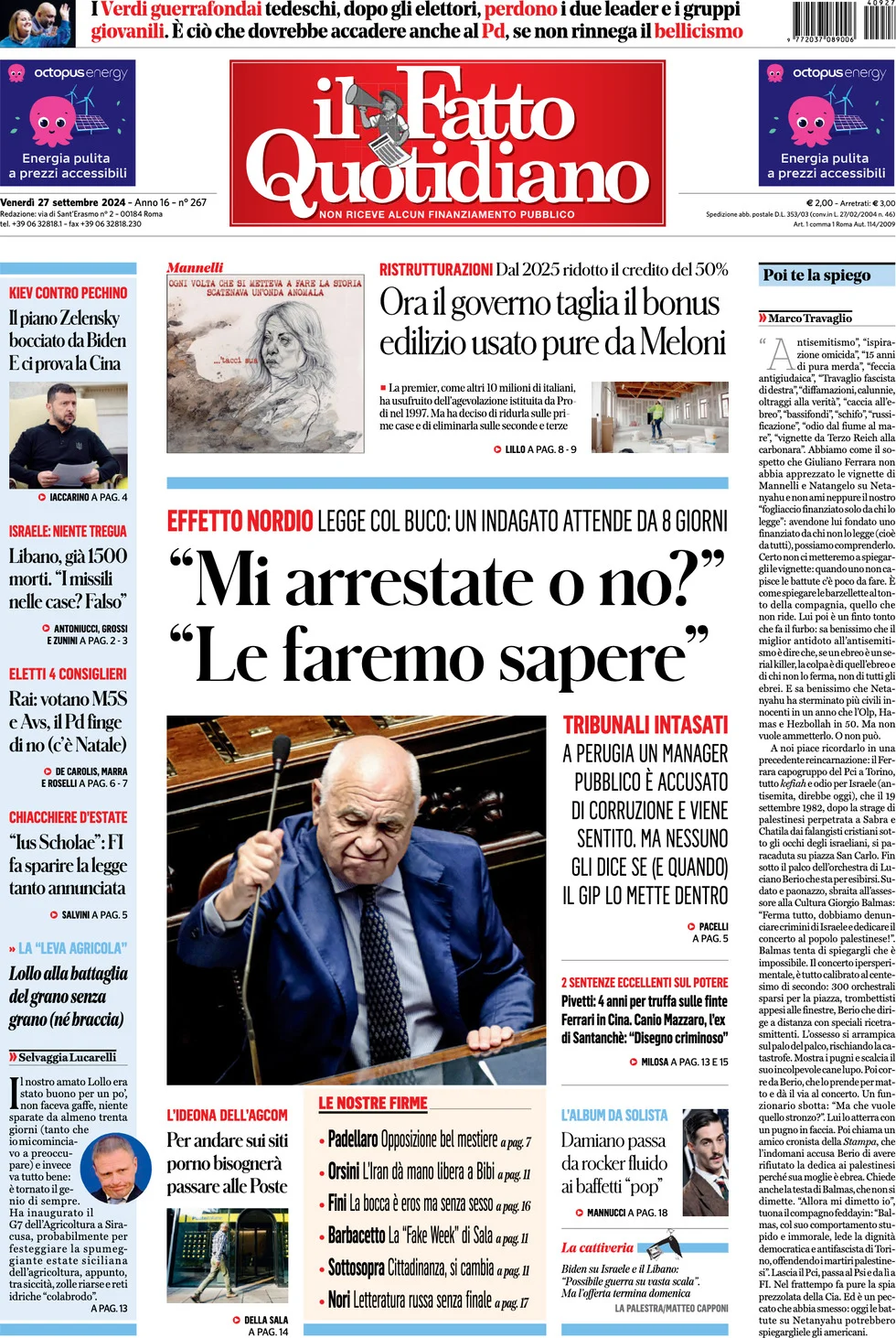 anteprima della prima pagina di il-fatto-quotidiano del 27/09/2024