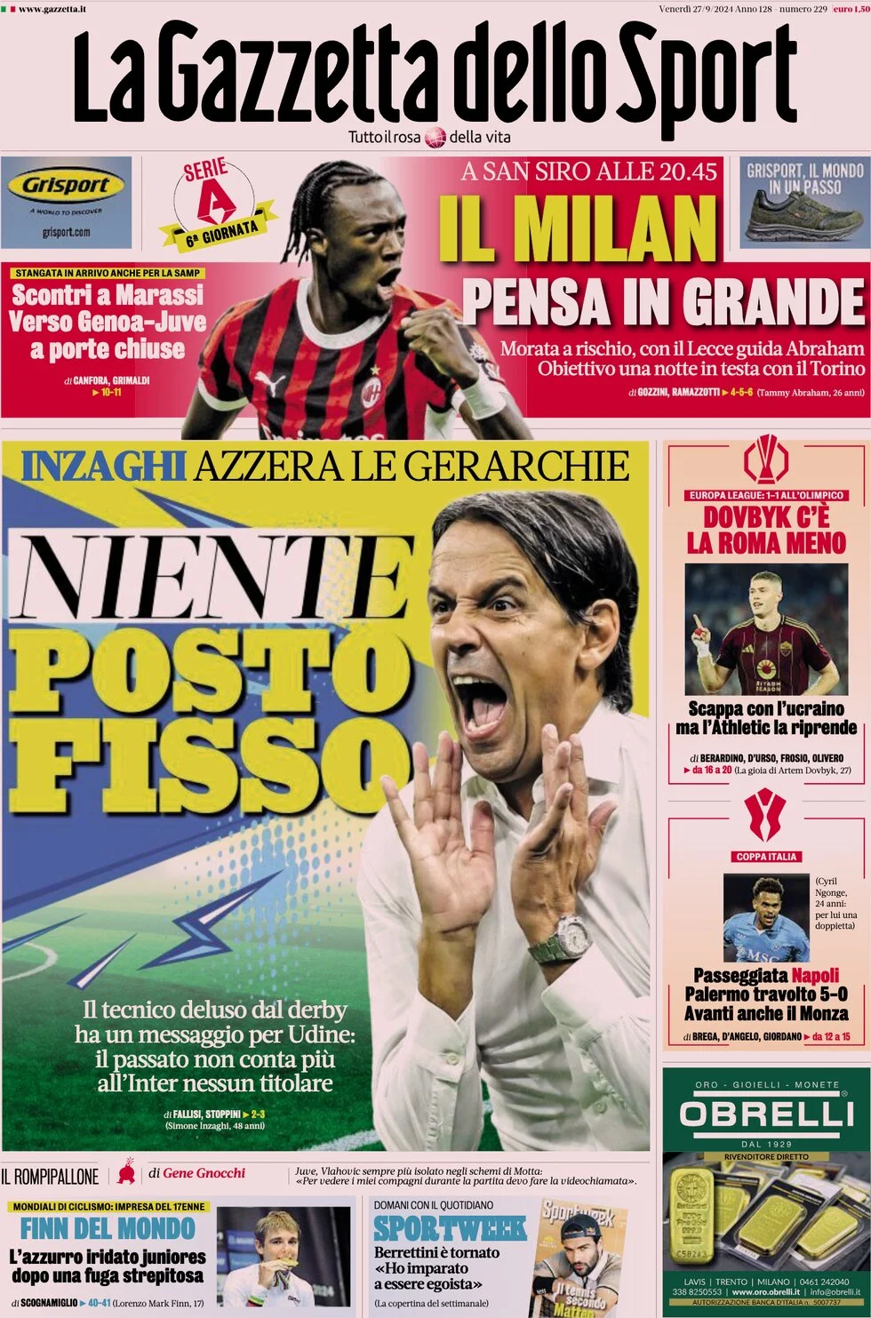 anteprima della prima pagina di la-gazzetta-dello-sport del 27/09/2024