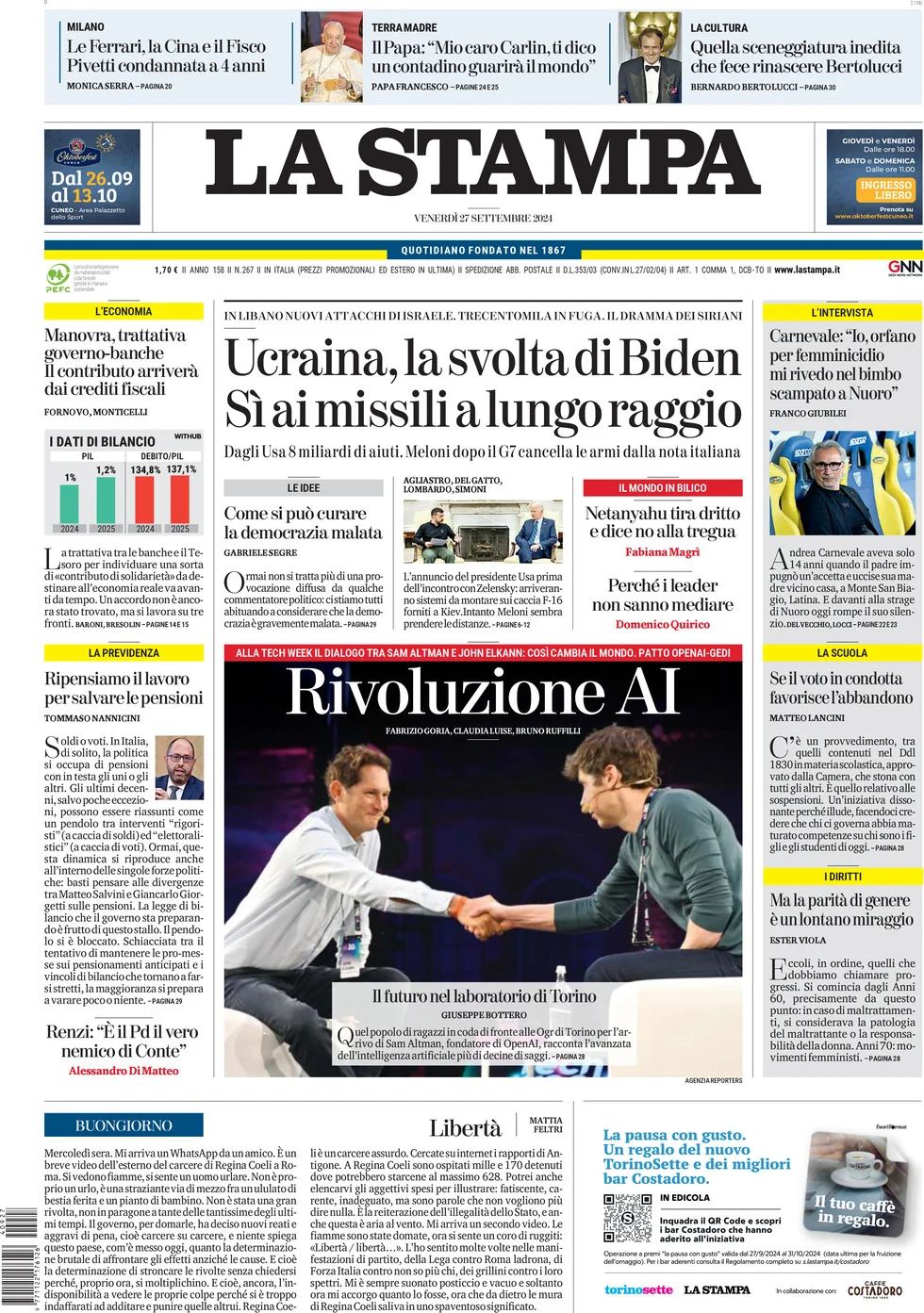 anteprima della prima pagina di la-stampa del 27/09/2024