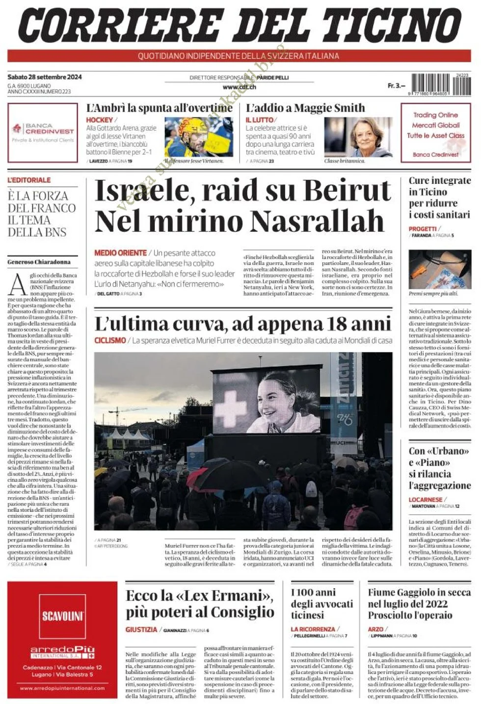 anteprima della prima pagina di corriere-del-ticino del 28/09/2024