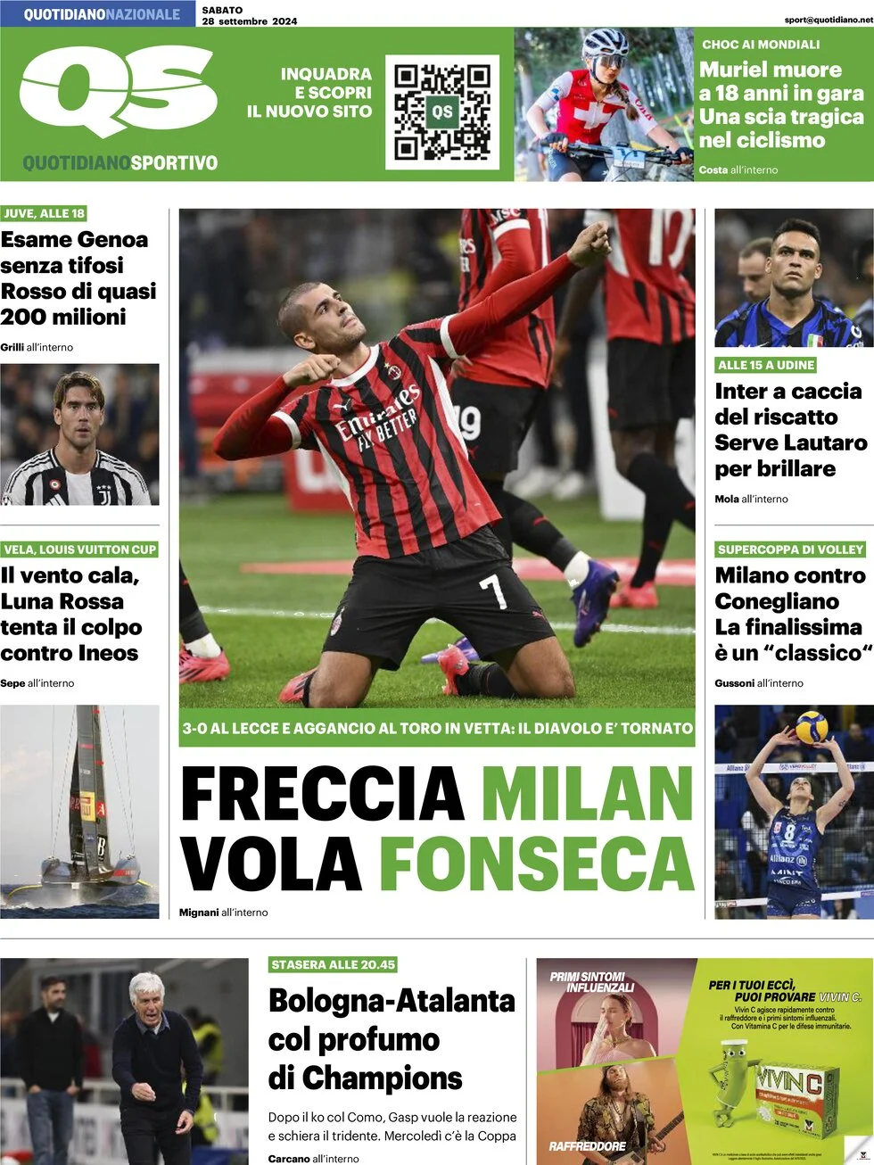 anteprima della prima pagina di qs-quotidiano-sportivo del 28/09/2024