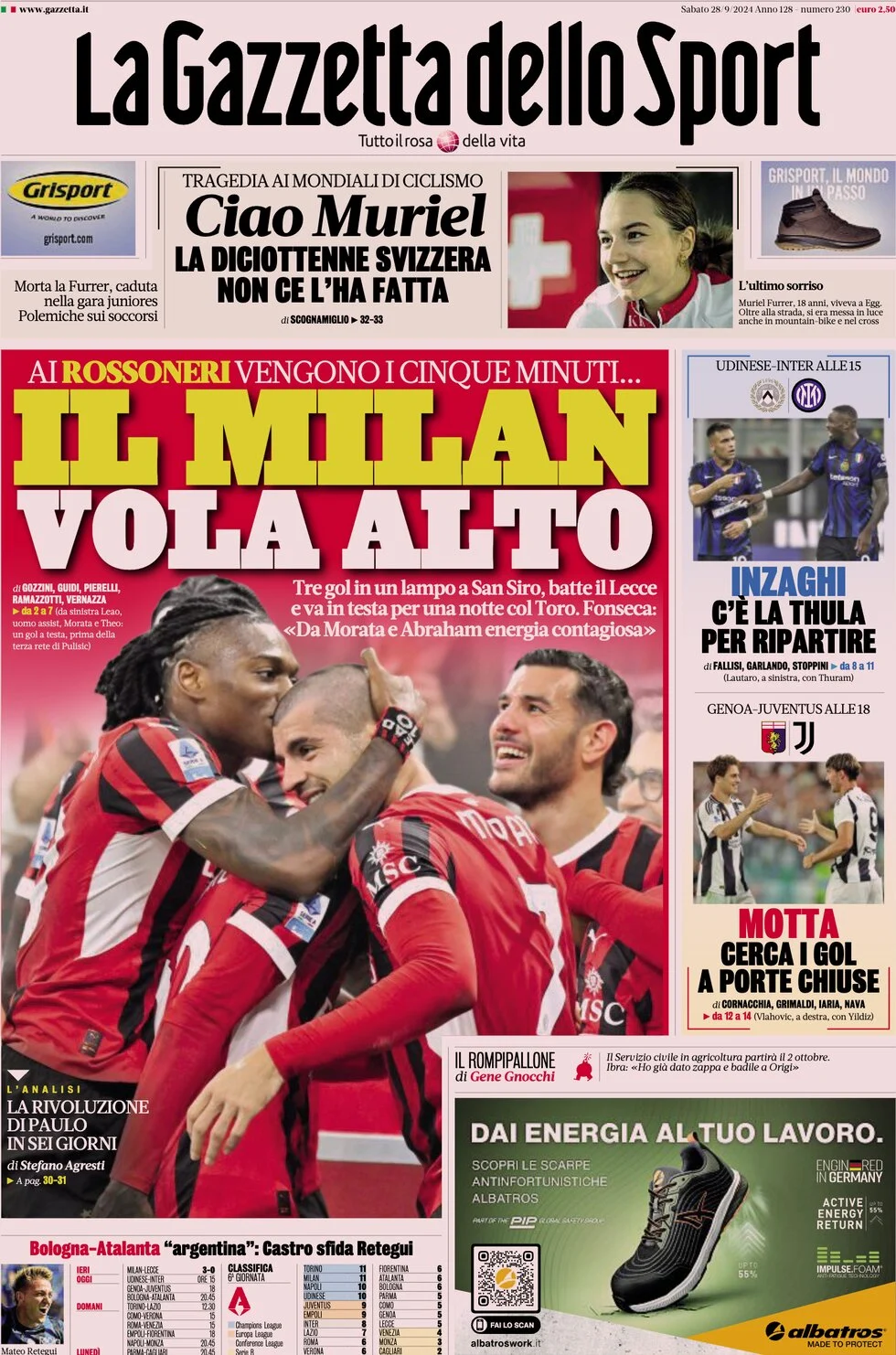 anteprima della prima pagina di la-gazzetta-dello-sport del 28/09/2024