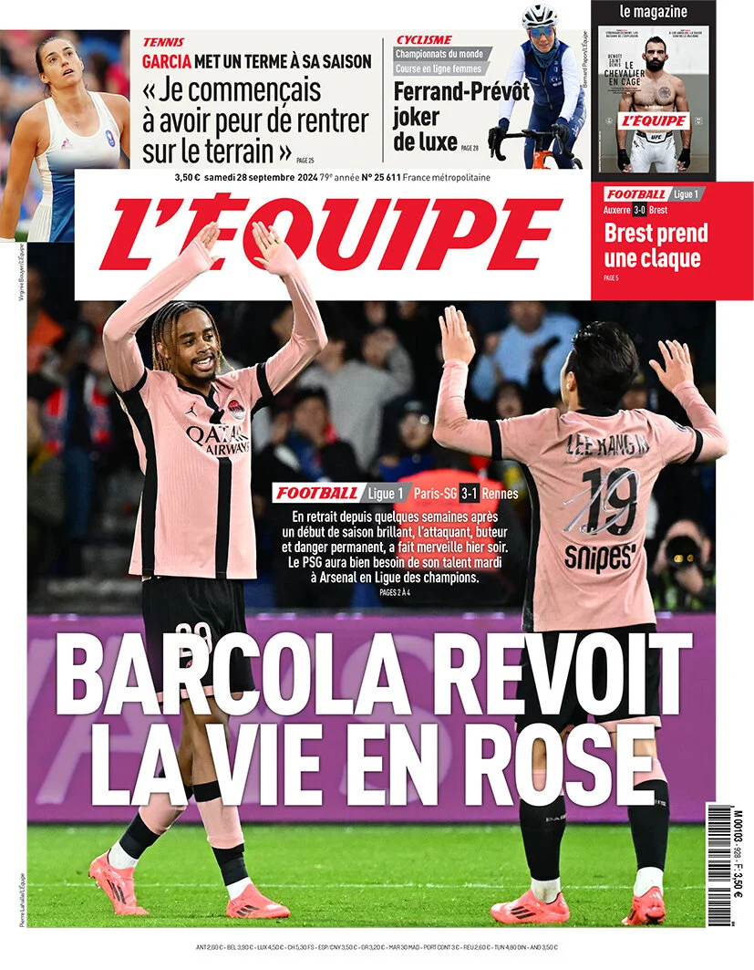 anteprima della prima pagina di lequipe del 28/09/2024