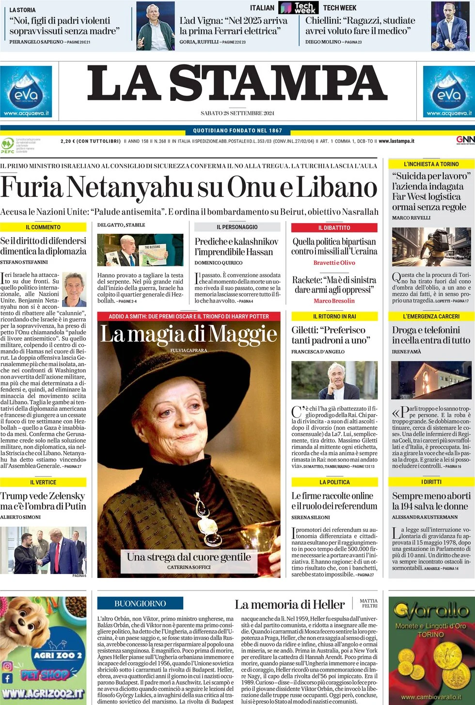 anteprima della prima pagina di la-stampa del 28/09/2024