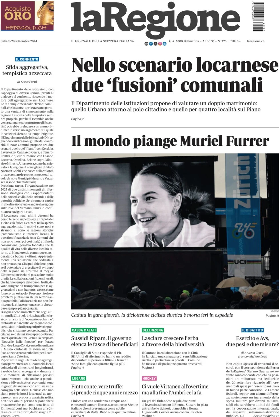 anteprima della prima pagina di la-regione del 28/09/2024