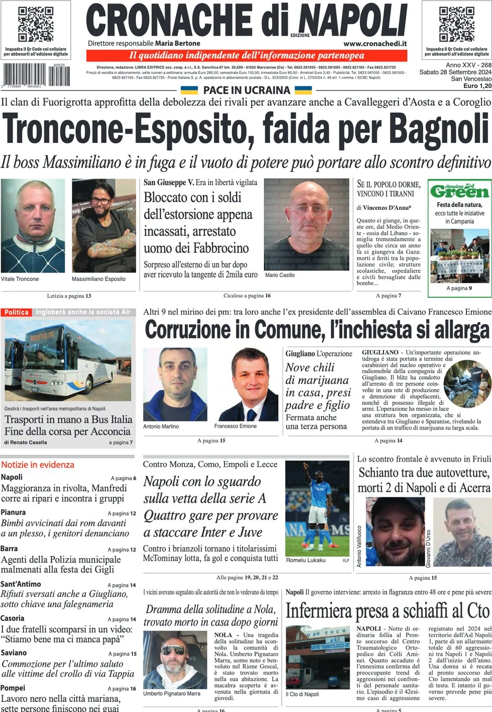 anteprima della prima pagina di cronache-di-napoli del 28/09/2024