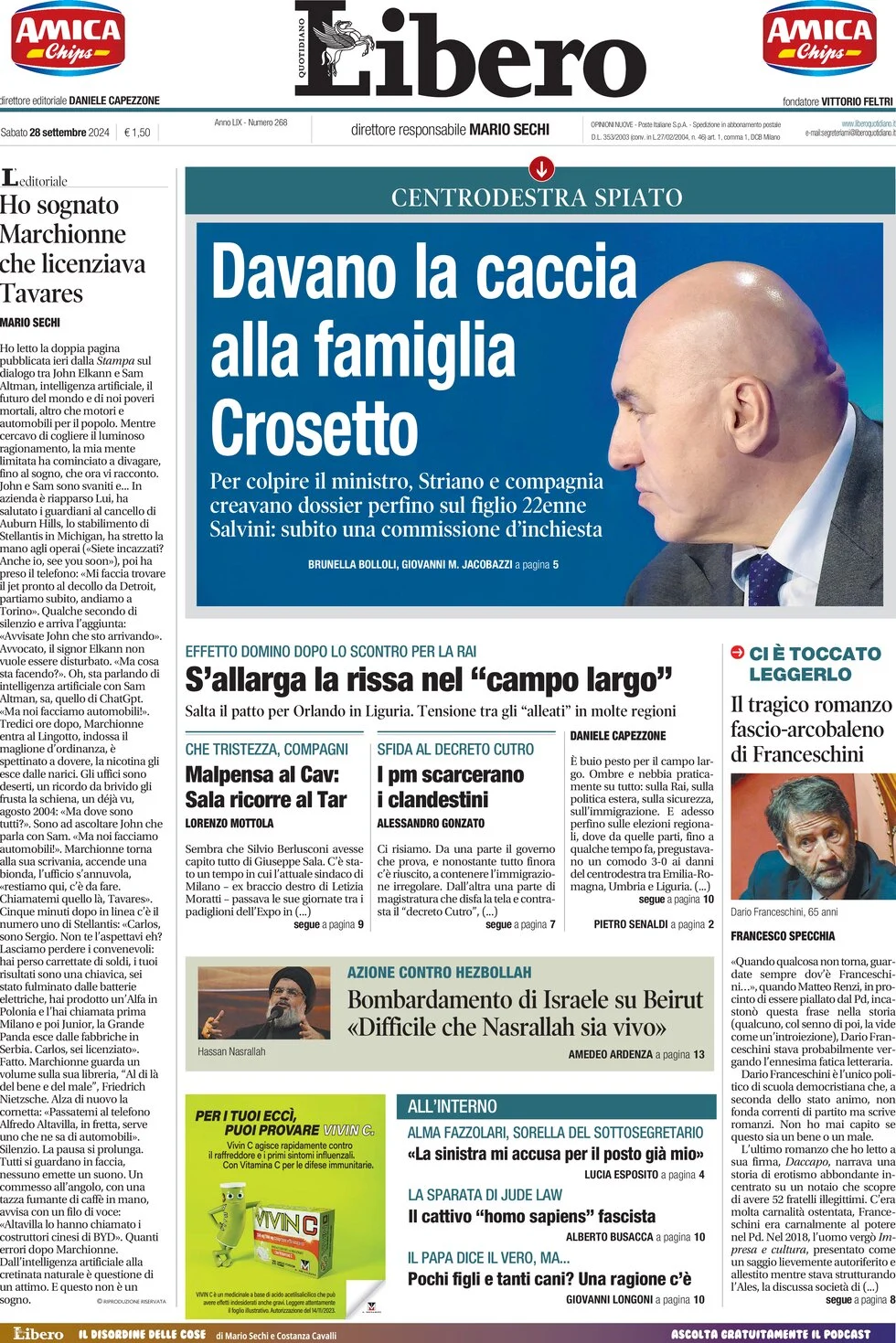 anteprima della prima pagina di libero-quotidiano del 28/09/2024