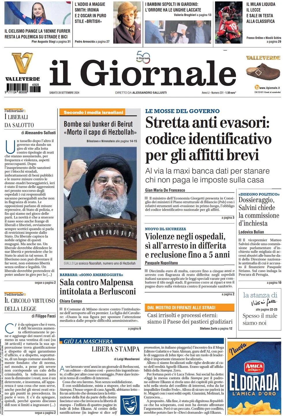 anteprima della prima pagina di il-giornale del 28/09/2024