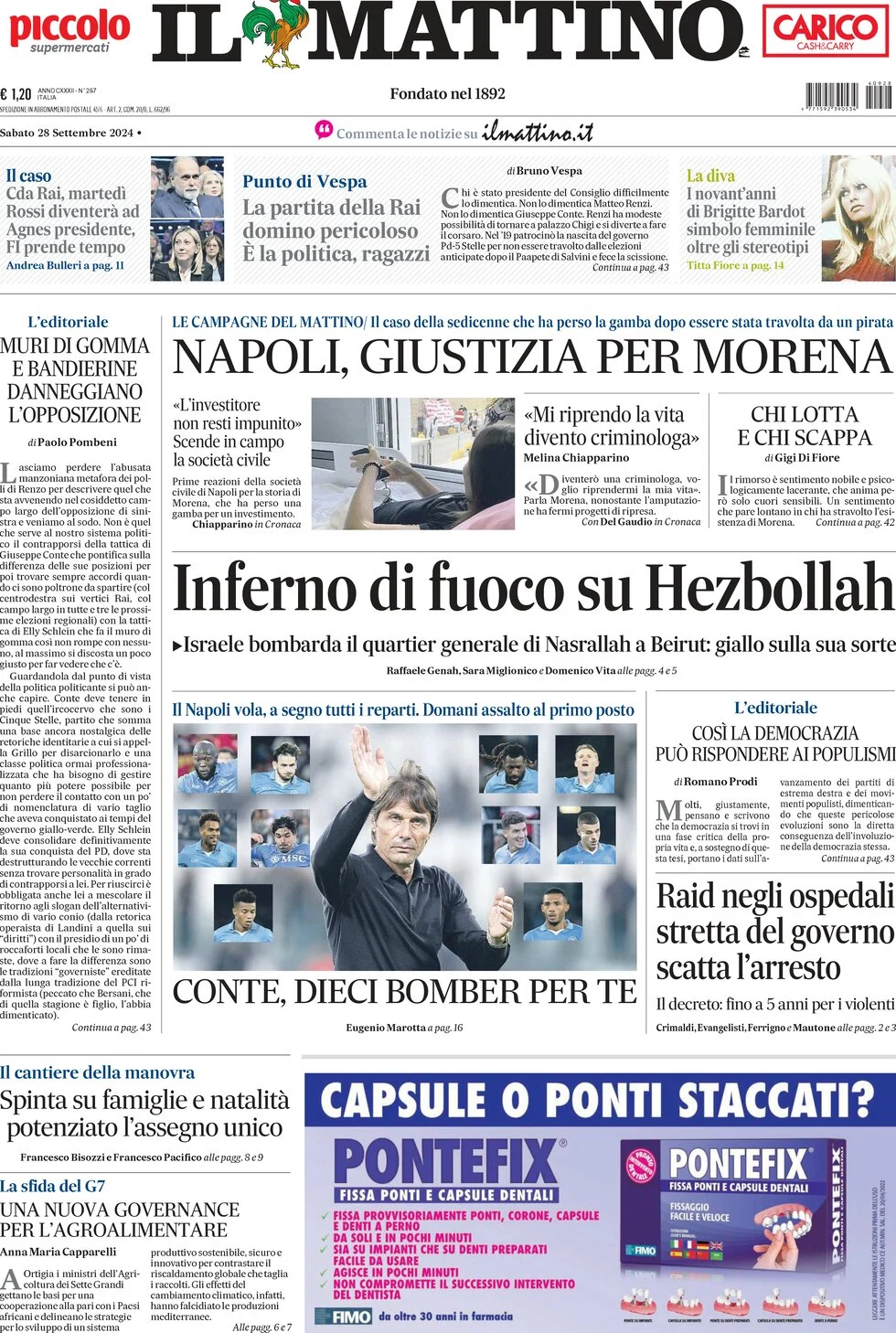 anteprima della prima pagina di il-mattino del 28/09/2024