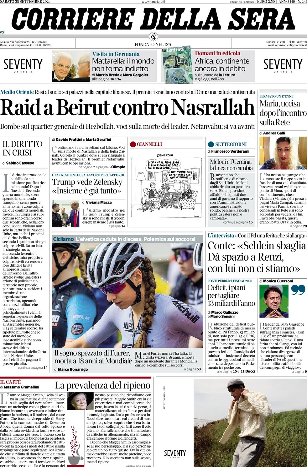 anteprima della prima pagina di corriere-della-sera del 28/09/2024