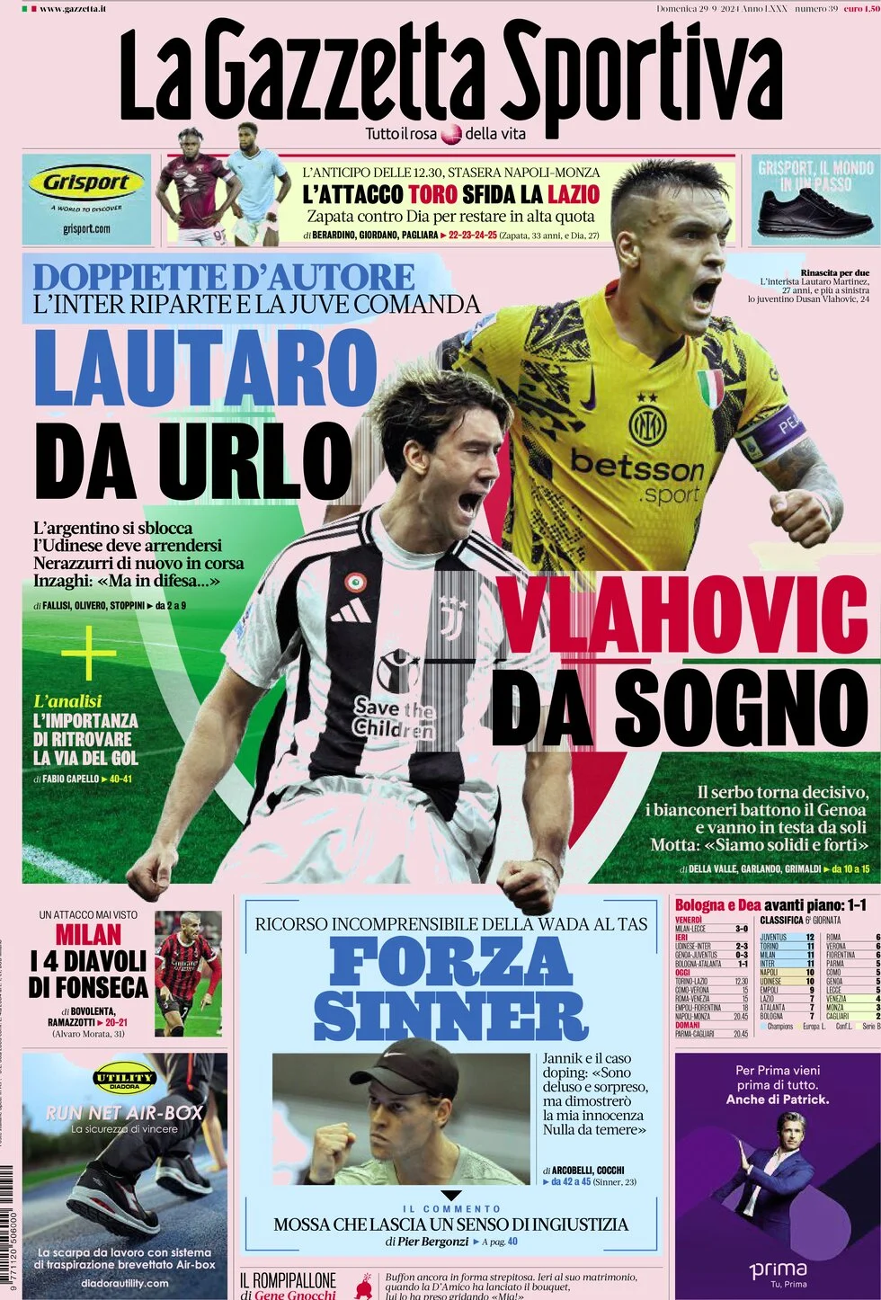 anteprima della prima pagina di la-gazzetta-dello-sport del 29/09/2024