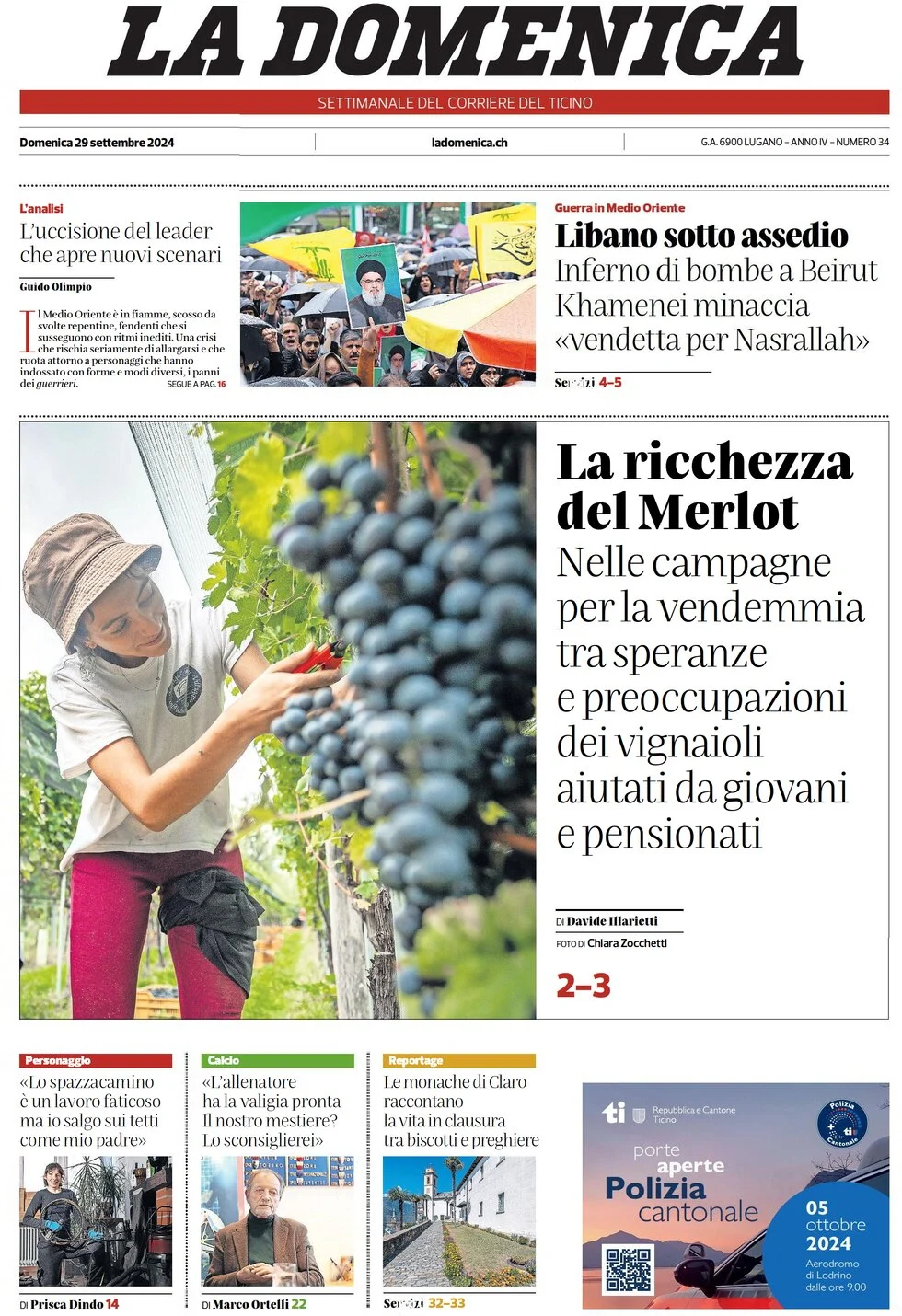 anteprima della prima pagina di corriere-del-ticino del 29/09/2024