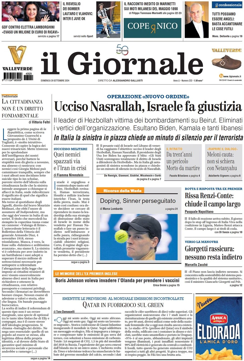 anteprima della prima pagina di il-giornale del 29/09/2024