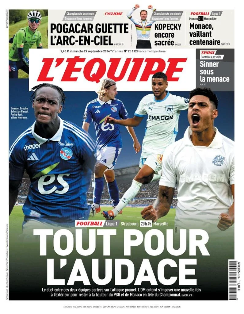 anteprima della prima pagina di lequipe del 29/09/2024
