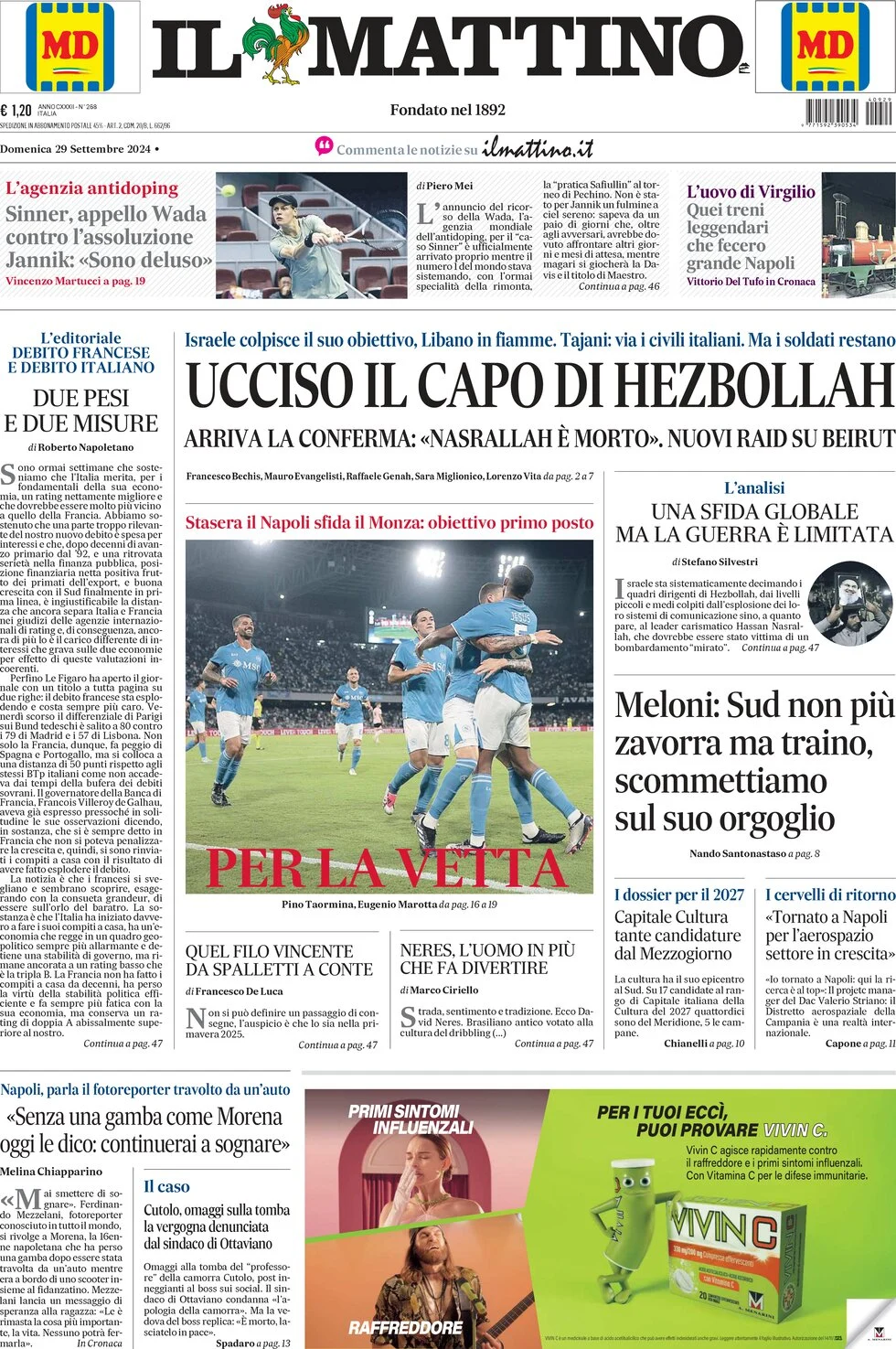 anteprima della prima pagina di il-mattino del 29/09/2024