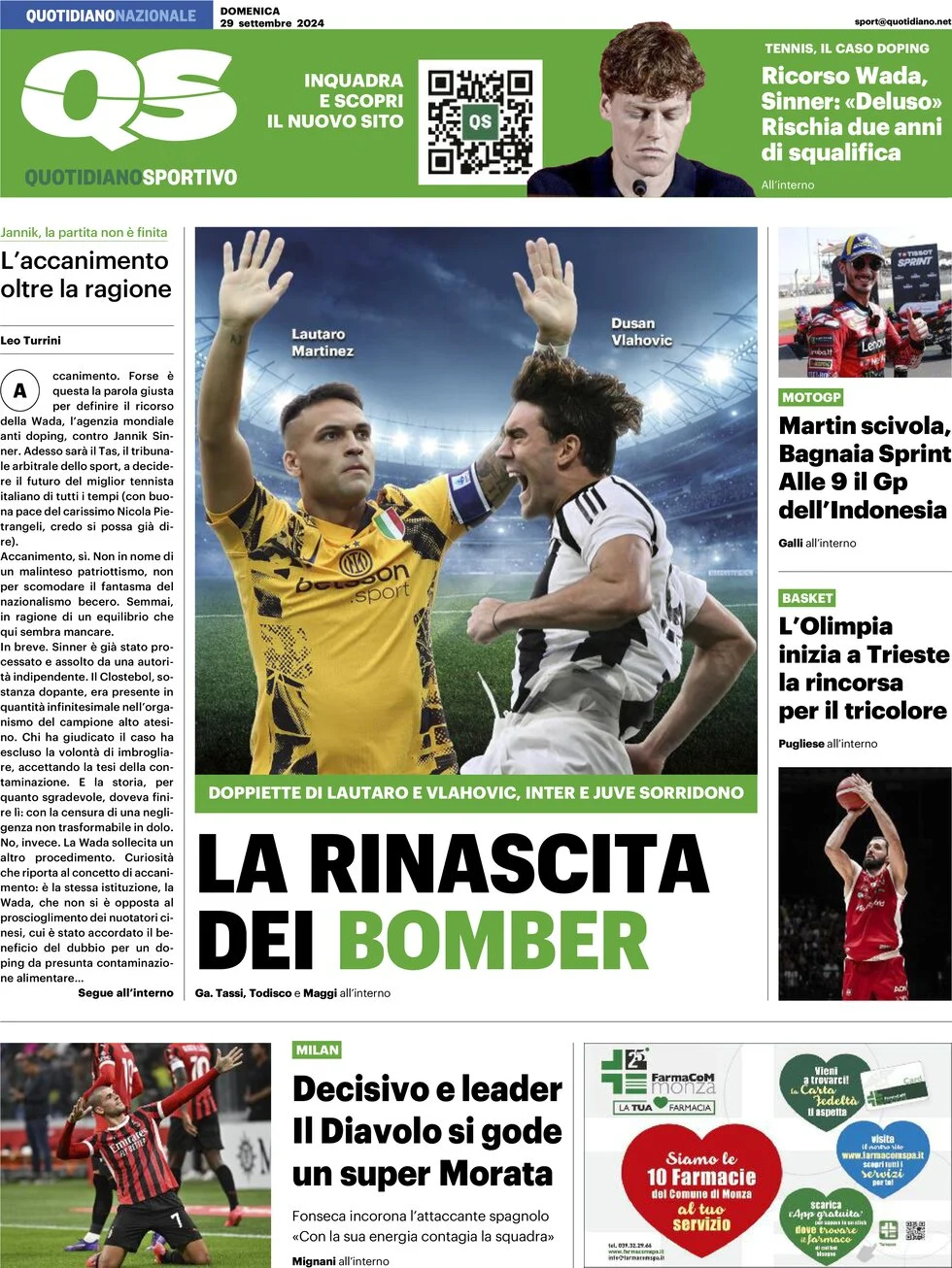 anteprima della prima pagina di qs-quotidiano-sportivo del 29/09/2024