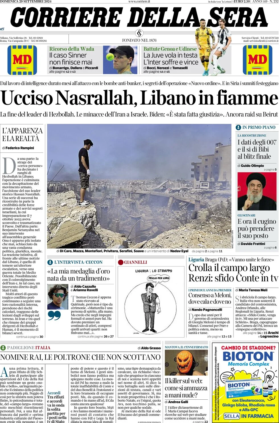 anteprima della prima pagina di corriere-della-sera del 29/09/2024