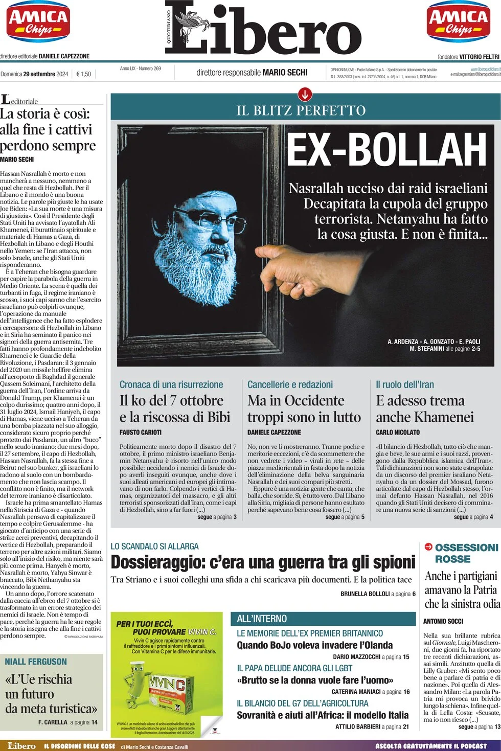 anteprima della prima pagina di libero-quotidiano del 29/09/2024