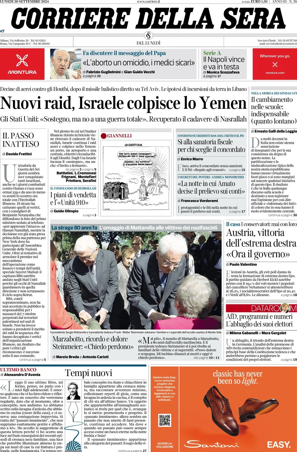 anteprima della prima pagina di corriere-della-sera del 30/09/2024