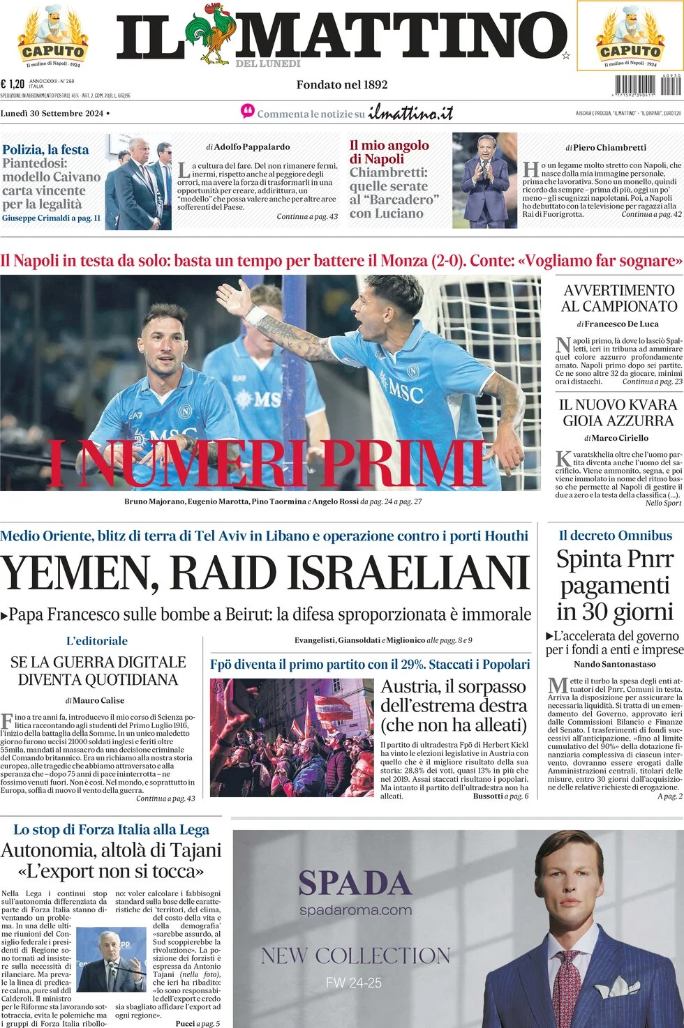 anteprima della prima pagina di il-mattino del 30/09/2024