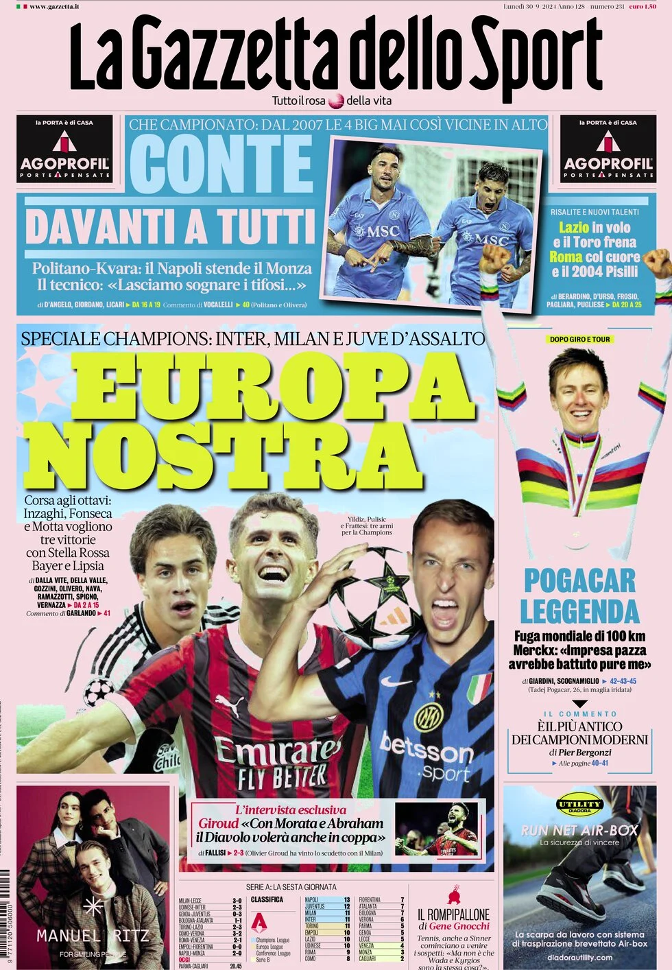 anteprima della prima pagina di la-gazzetta-dello-sport del 30/09/2024