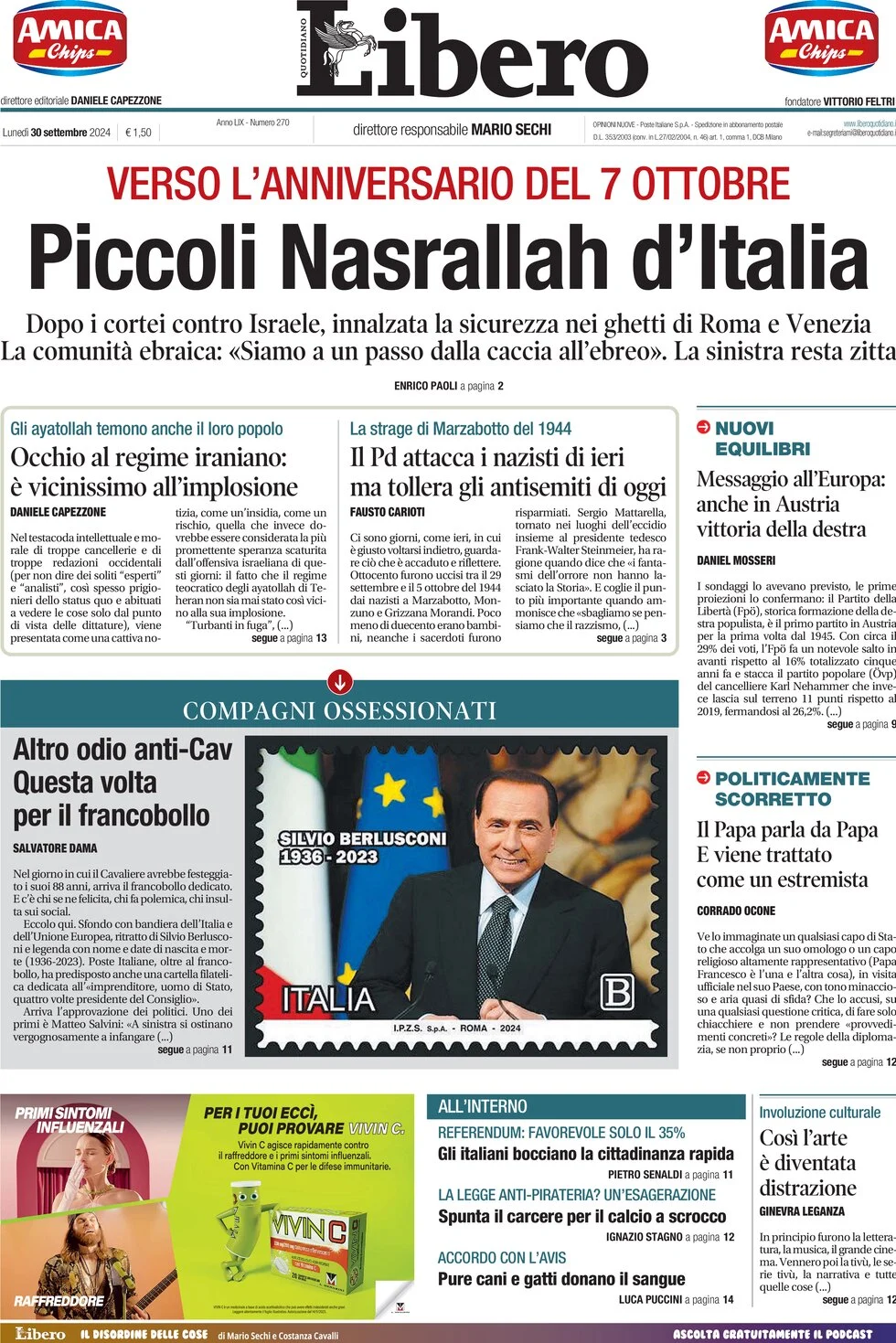 anteprima della prima pagina di libero-quotidiano del 30/09/2024