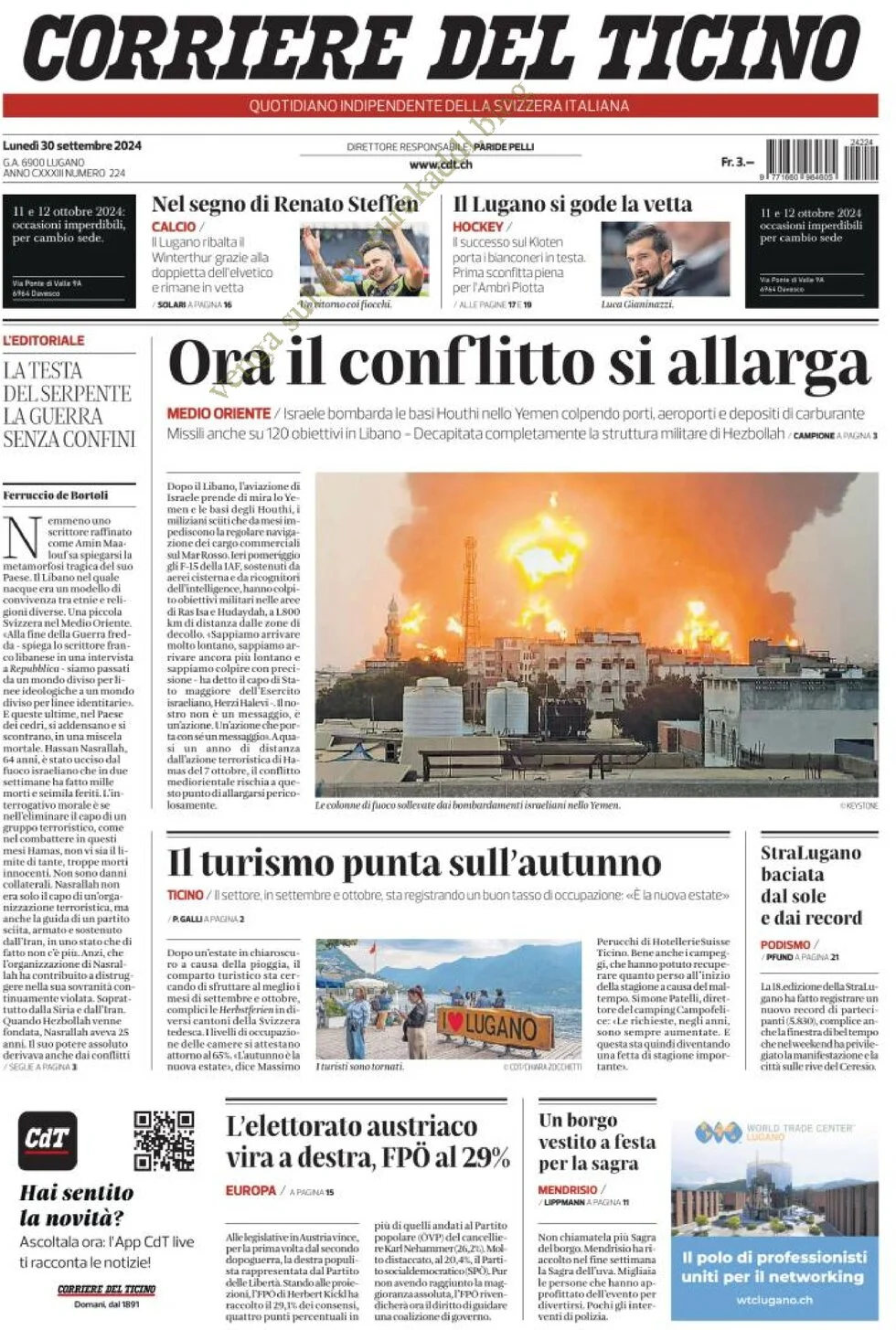 anteprima della prima pagina di corriere-del-ticino del 30/09/2024