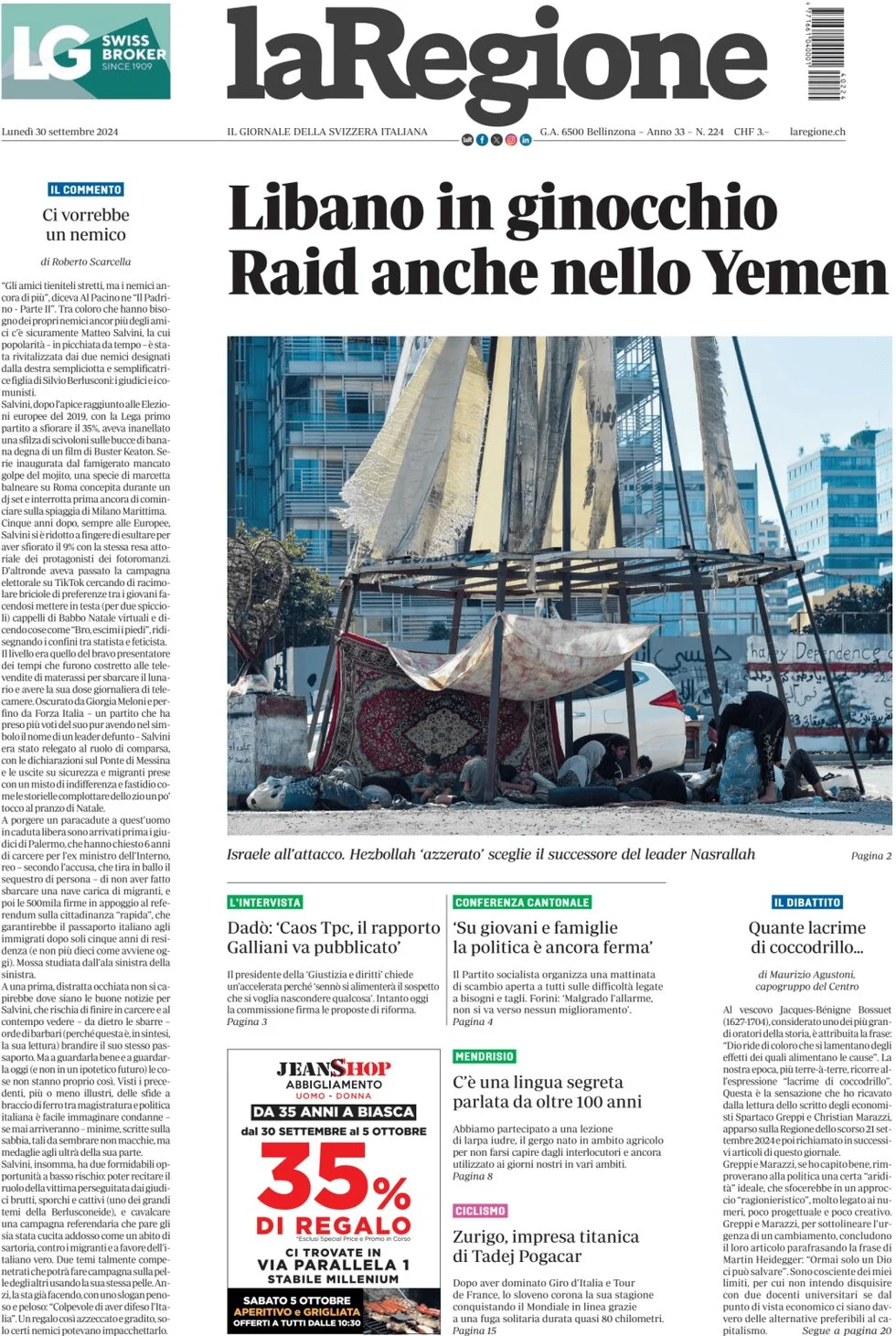 anteprima della prima pagina di la-regione del 30/09/2024