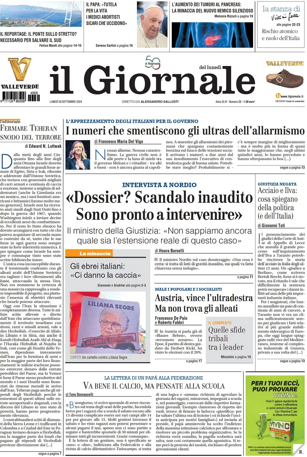 anteprima della prima pagina di il-giornale del 30/09/2024