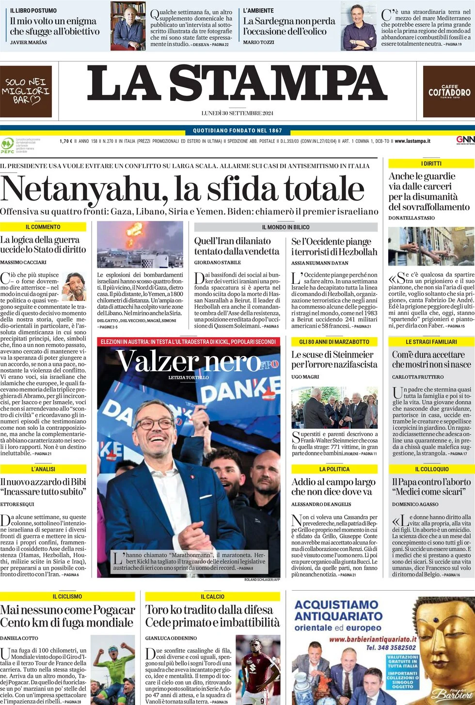 anteprima della prima pagina di la-stampa del 30/09/2024