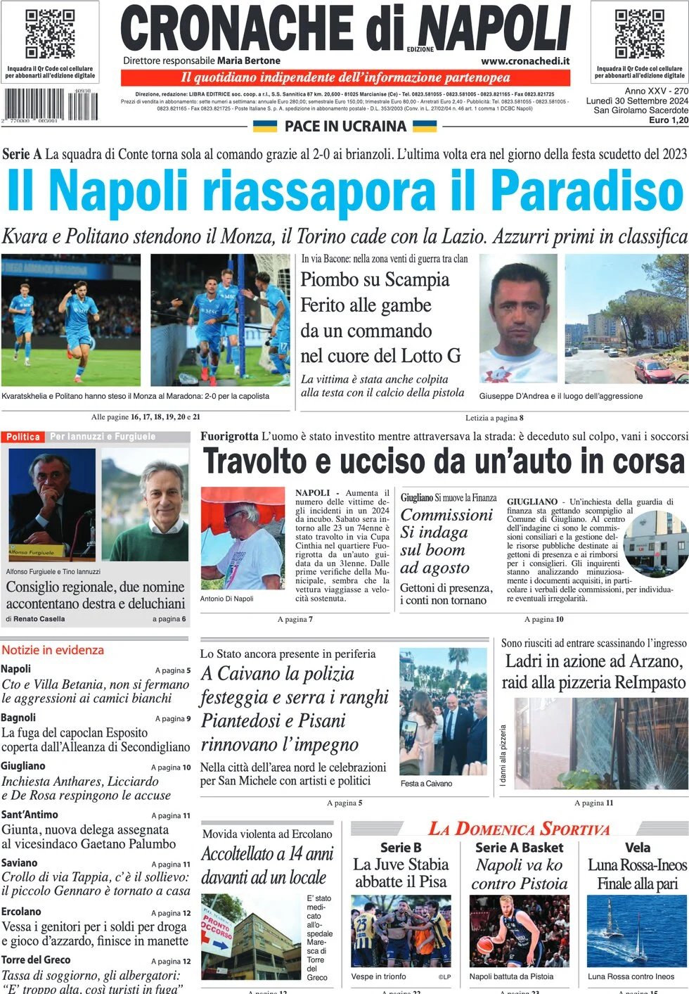 anteprima della prima pagina di cronache-di-napoli del 30/09/2024